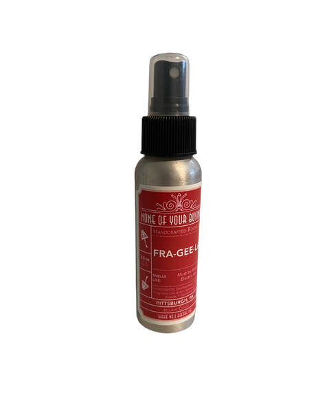 Temp Pic: photo of room spray aluminum bottle with black plastic spray cap, Fra-Gee-Lay label. 